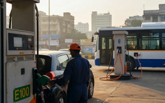 India ethanol E100 fuel station rollout and electric bus incentives reducing crude import bill.