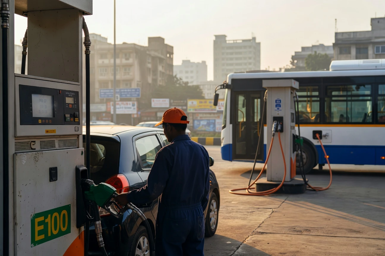 India ethanol E100 fuel station rollout and electric bus incentives reducing crude import bill.