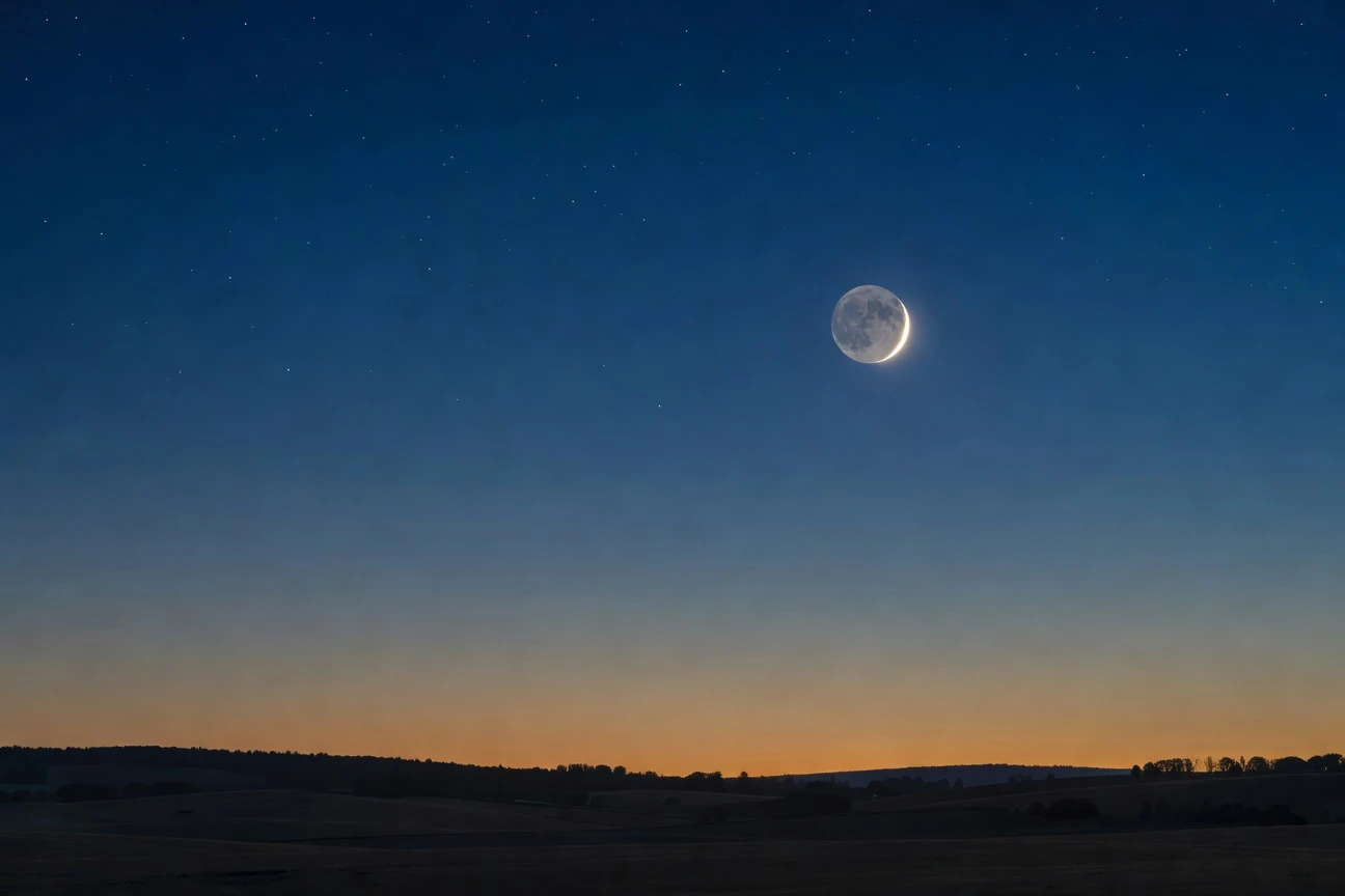 Waxing crescent moon phase on May 19 with visible Earthshine on dark side.