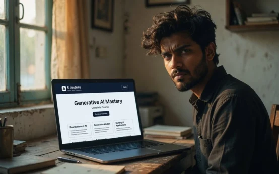 19-year-old self-taught AI entrepreneur at desk with laptop