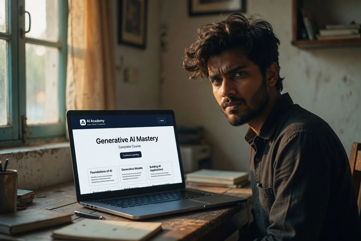 19-year-old self-taught AI entrepreneur at desk with laptop