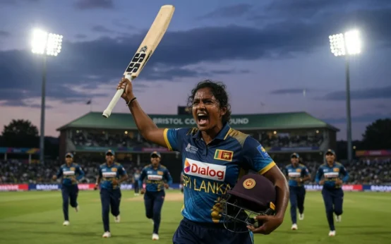 Chamari Athapaththu celebrating her century at Women's T20 World Cup