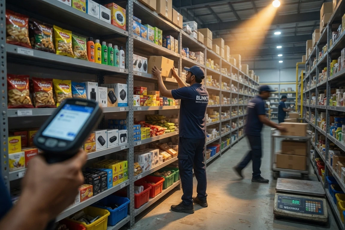 Flipkart delivery worker sorting packages at a quick-commerce hub
