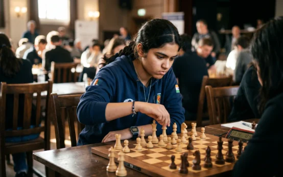 Shubhi Gupta Indian chess prodigy at tournament board