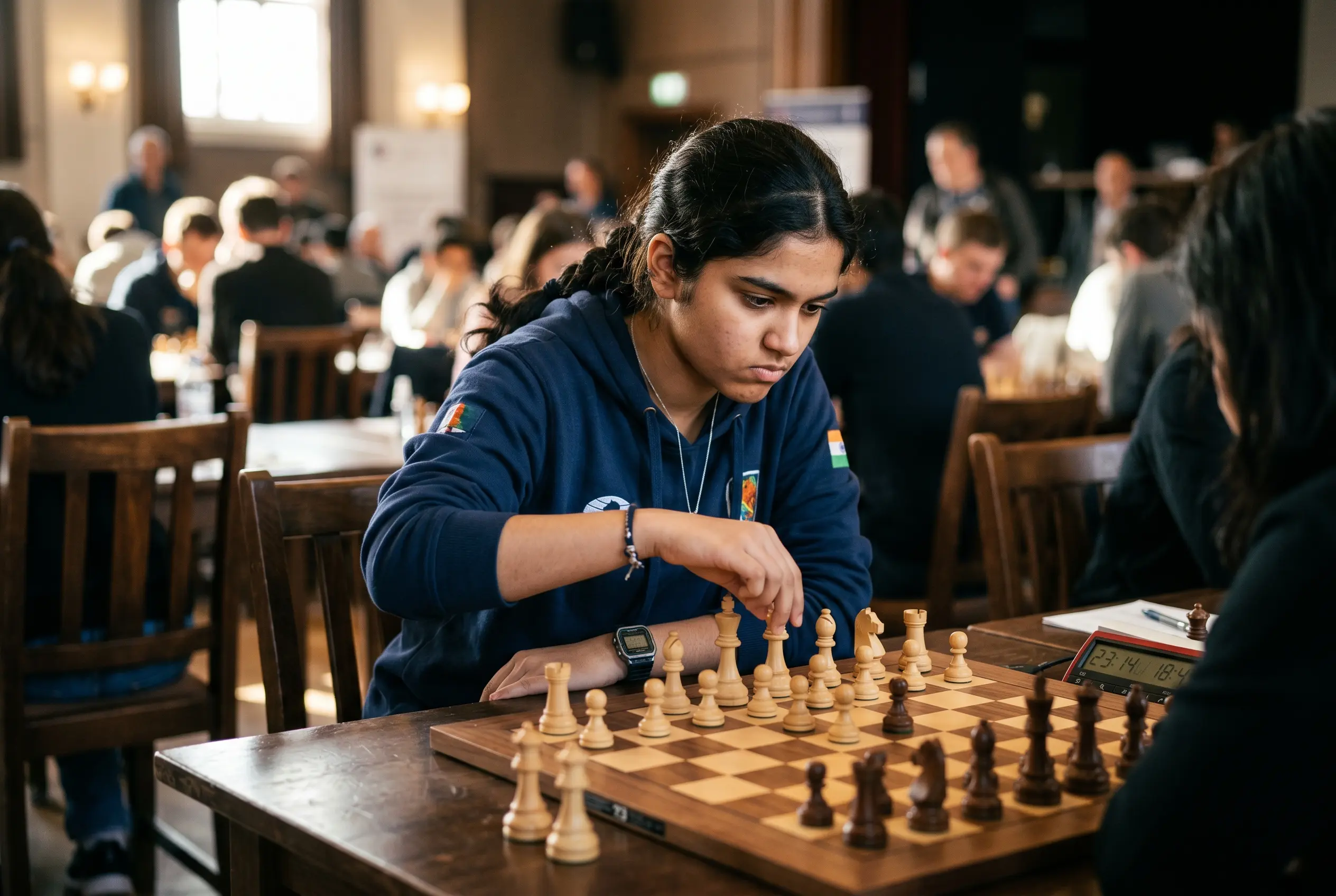 Shubhi Gupta Indian chess prodigy at tournament board