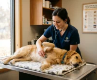 Vetic pet clinic veterinarian examining a dog