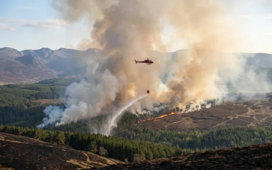 helicopter waterbombing Cairngorms wildfire Glenmore Forest Scotland