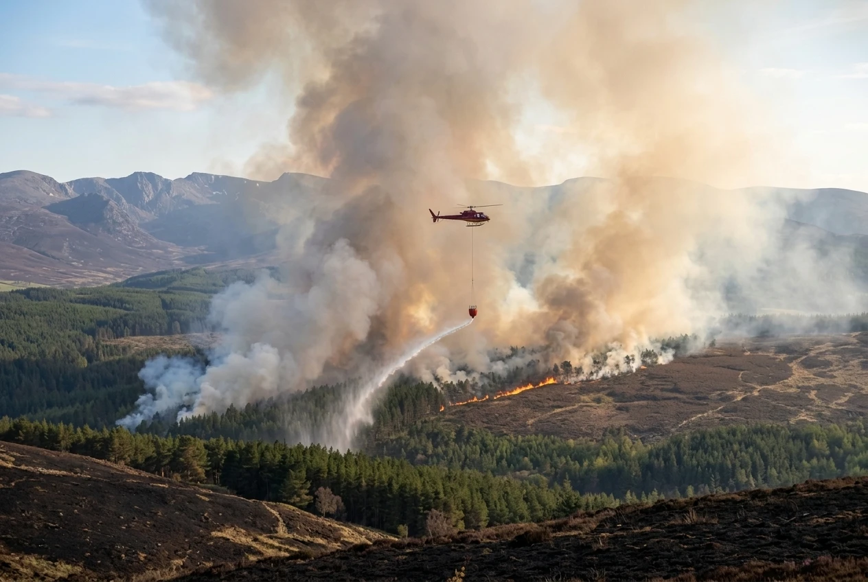 helicopter waterbombing Cairngorms wildfire Glenmore Forest Scotland