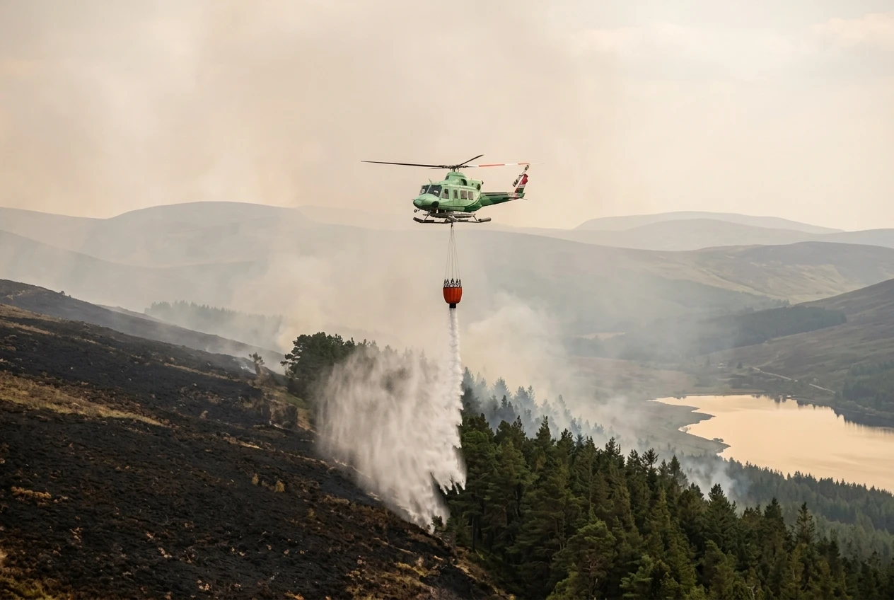 helicopters waterbombing Cairngorms wildfire Glenmore Forest Scotland