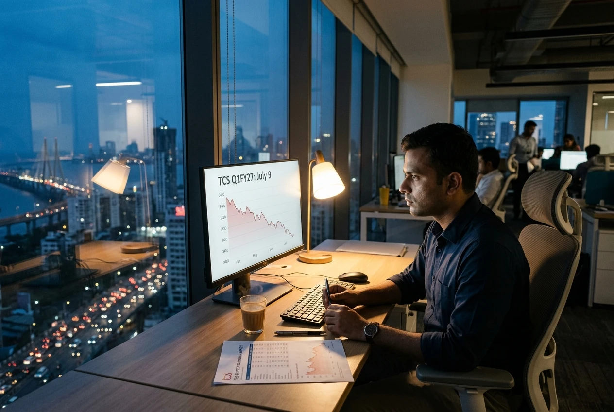 TCS Q1FY27 results preview at a Mumbai financial analyst's desk