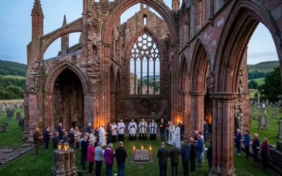Melrose Abbey 890th anniversary Mass rose sandstone ruins