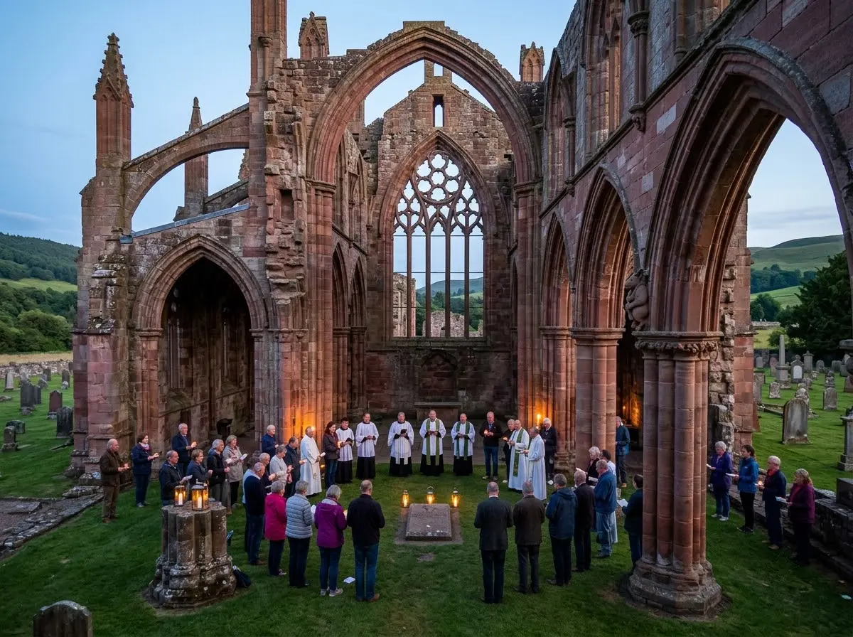 Melrose Abbey 890th anniversary Mass rose sandstone ruins