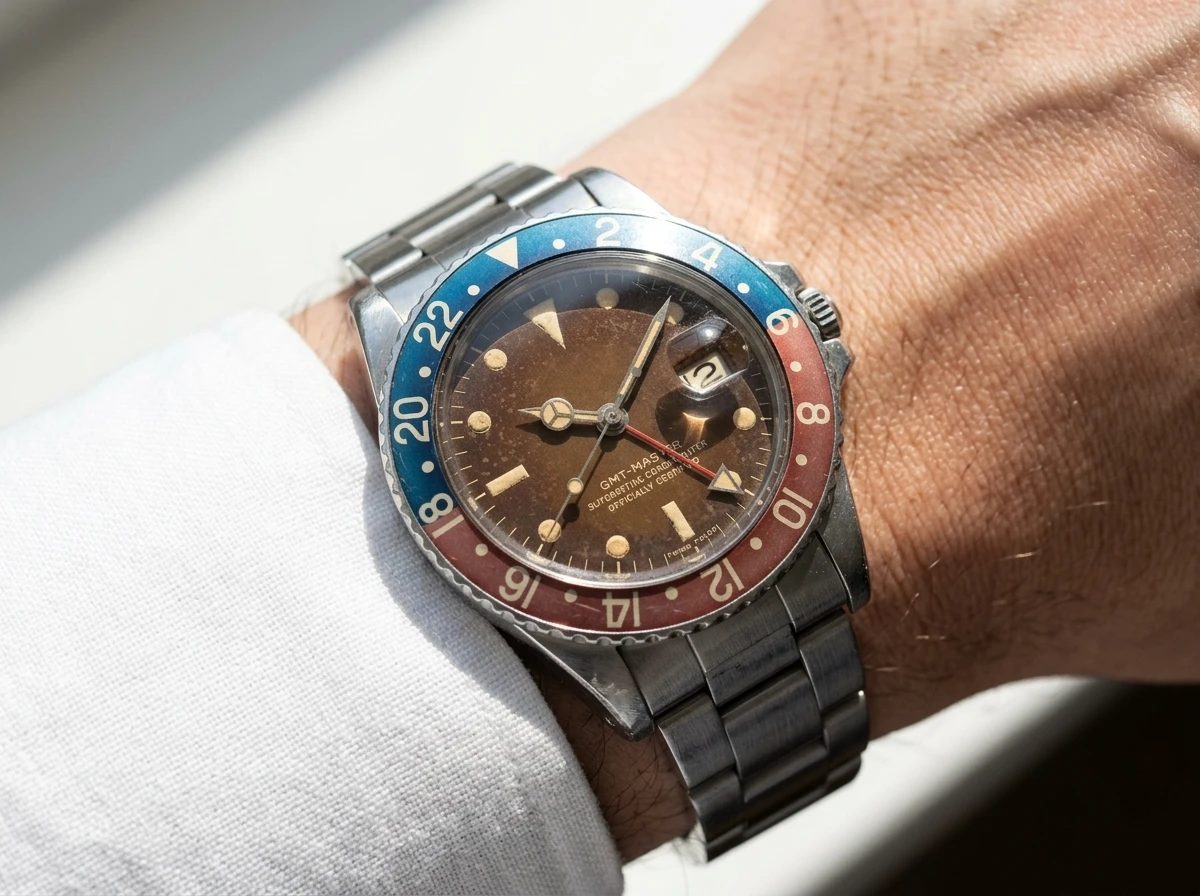 patinaed vintage wristwatch dial under natural daylight