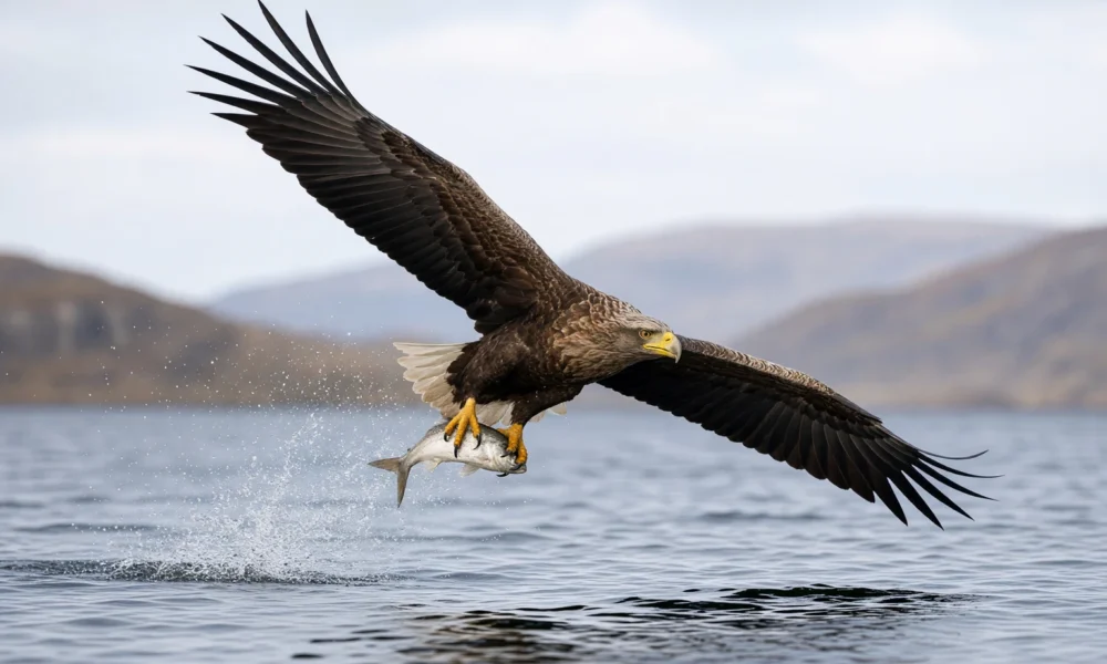Kinky white-tailed eagle flying Loch Spelve Mull