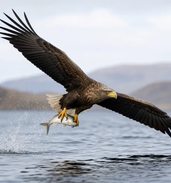 Kinky white-tailed eagle flying Loch Spelve Mull