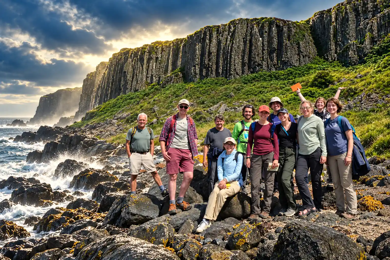 Syracuse geology students at Siccar Point unconformity Scotland