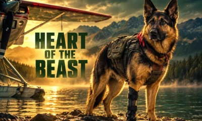 Heart of the Beast rescue dog Uber above Brad Pitt